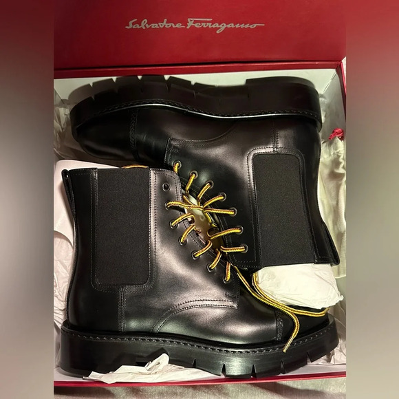 NIB Salvatore Ferragamo Rosco Leather Combat Boots in Black 7.5 - Picture 11 of 14